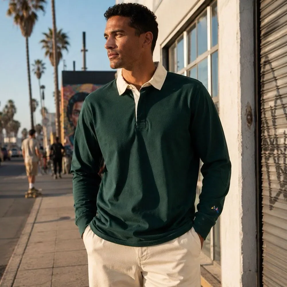J Crew Rugby Shirt‎ Mens M TALL Green Long Sleeve Collared Cotton Elbow Patch